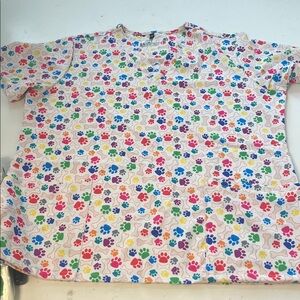 Revel XL Short Sleeve White Rainbow Paw Print Bone Graphic V Neck Scrub Top